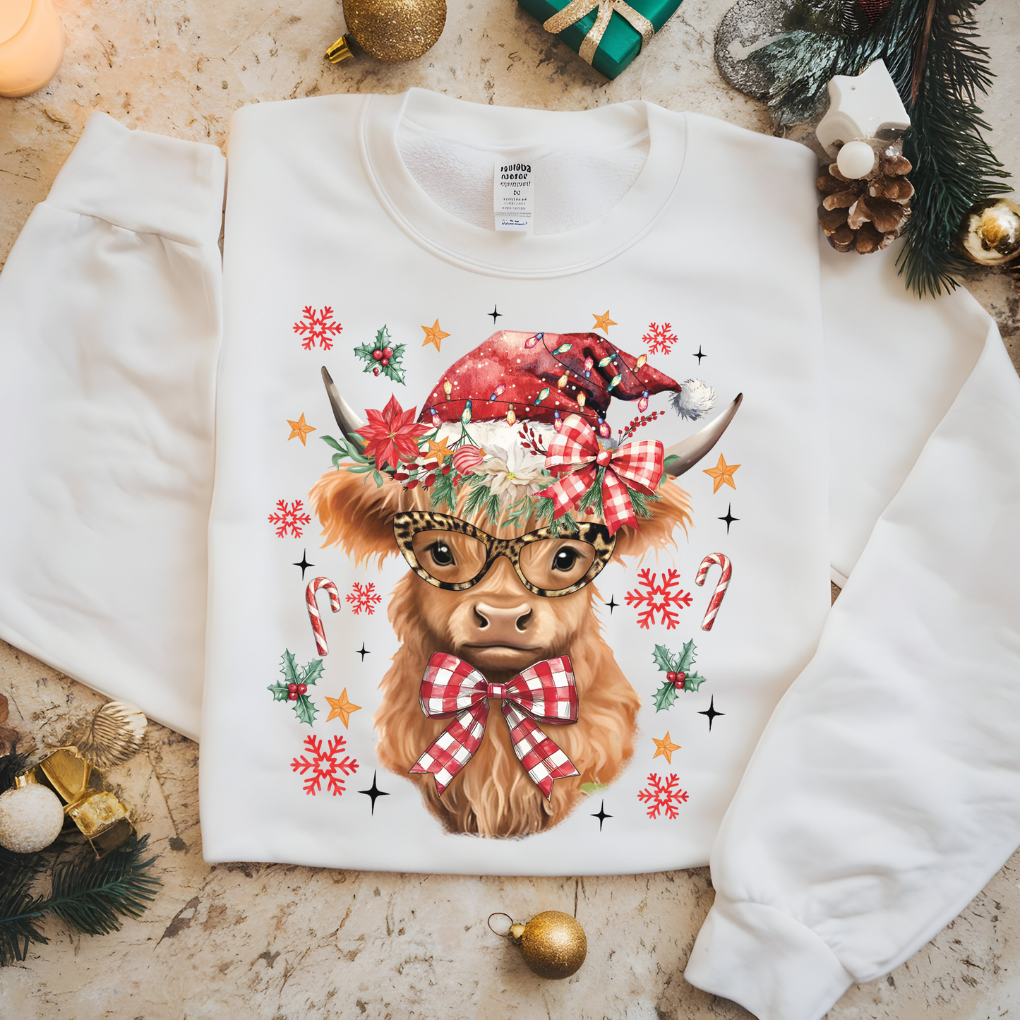 Christmas Highland Cow with Glasses Crewneck