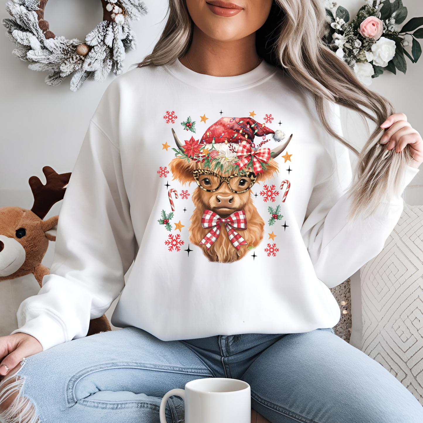 Christmas Highland Cow with Glasses Crewneck