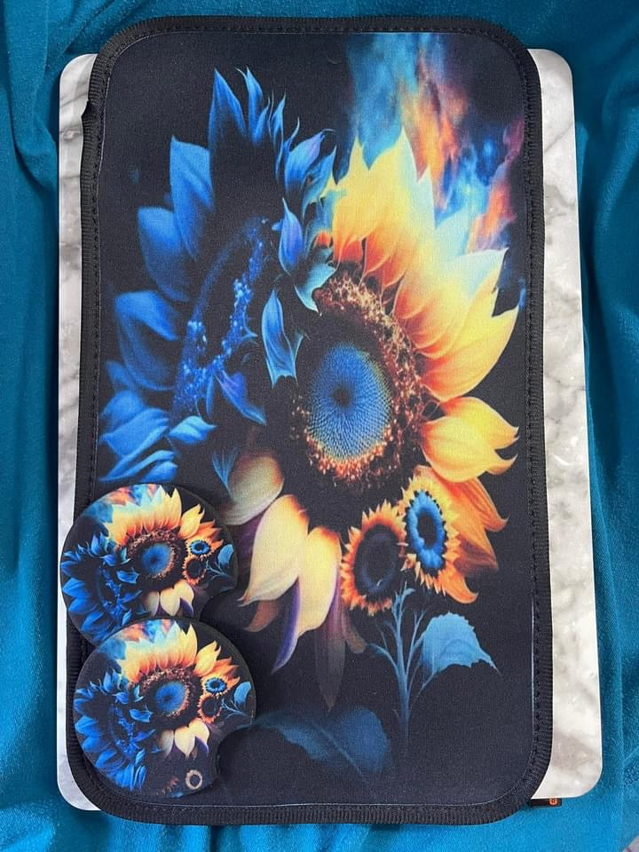 Sunflower with Blue Touch Center Console Car Coaster Set