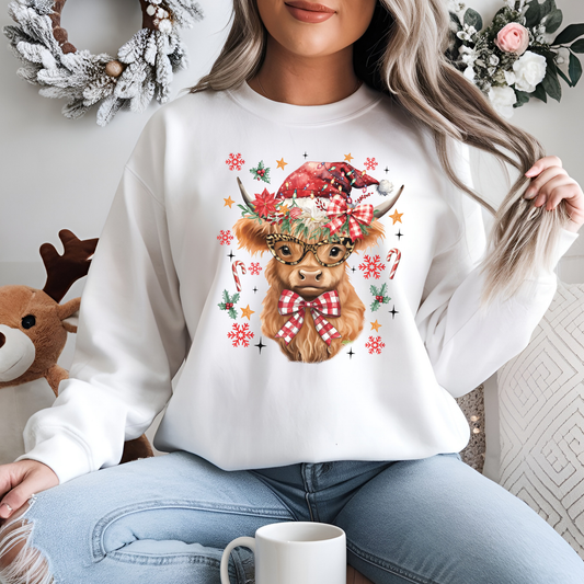 Christmas Highland Cow with Glasses Crewneck