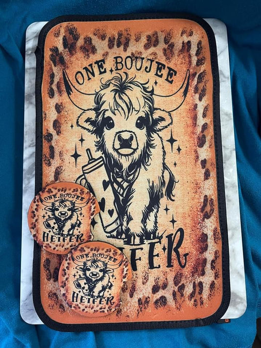 One Boujee Heifer Brown Center Console Car Coaster Set